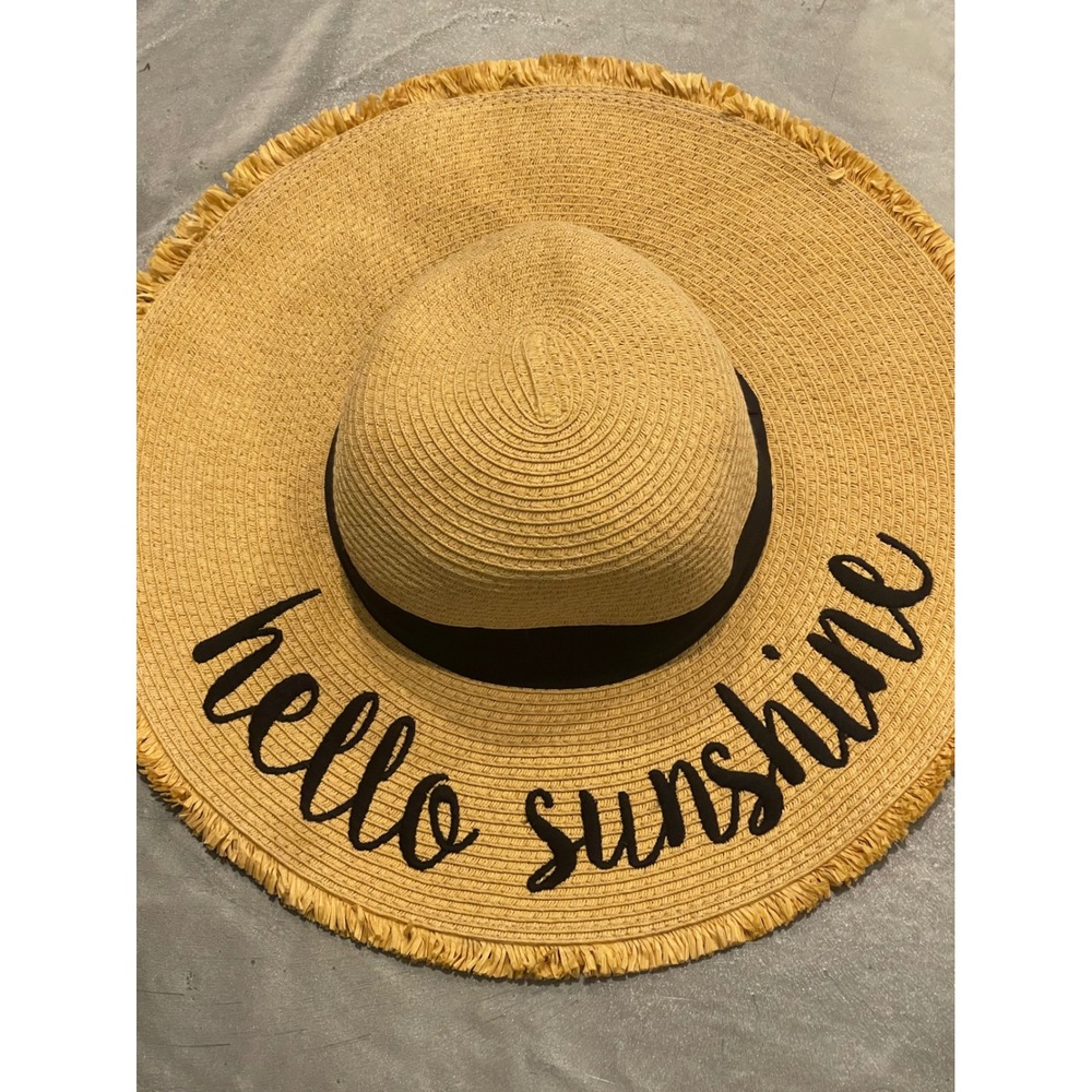 Floppy Sun Hat Hello Sunshine Embroidered Beach Pool Straw Hat